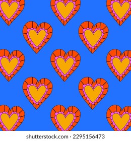 1970 psychedelic seamless pattern. 1970s good vibes hearts ornament. 1960 retro Valentine. Hippie peace and love. Funky and groove card. Trippy art.Hippie wallpaper background poster