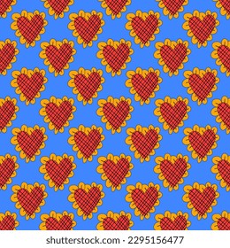 1970 psychedelic seamless pattern. 1970s good vibes hearts ornament. 1960 retro Valentine. Hippie peace and love. Funky and groove card. Trippy art.Hippie wallpaper background poster