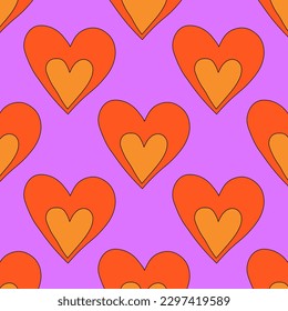 1970 psychedelic seamless pattern. 1970s good vibes hearts ornament. 1960 retro Valentine. Hippie peace and love. Funky and groove card. Trippy art.Hippie wallpaper background poster