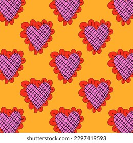 1970 psychedelic seamless pattern. 1970s good vibes hearts ornament. 1960 retro Valentine. Hippie peace and love. Funky and groove card. Trippy art.Hippie wallpaper background poster