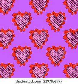 1970 psychedelic seamless pattern. 1970s good vibes hearts ornament. 1960 retro Valentine. Hippie peace and love. Funky and groove card. Trippy art.Hippie wallpaper background poster