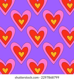 1970 psychedelic seamless pattern. 1970s good vibes hearts ornament. 1960 retro Valentine. Hippie peace and love. Funky and groove card. Trippy art.Hippie wallpaper background poster