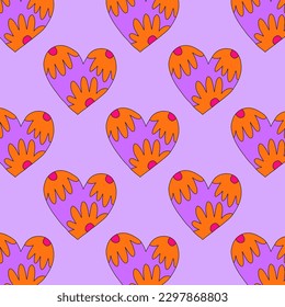 1970 psychedelic seamless pattern. 1970s good vibes hearts ornament. 1960 retro Valentine. Hippie peace and love. Funky and groove card. Trippy art.Hippie wallpaper background poster