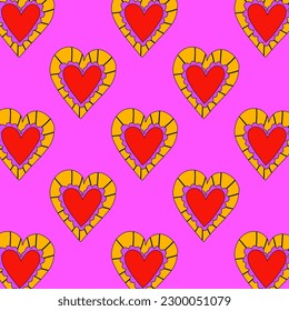 1970 psychedelic seamless pattern. 1970s good vibes hearts ornament. 1960 retro Valentine. Hippie peace and love. Funky and groove card. Trippy art.Hippie wallpaper background poster