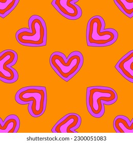 1970 psychedelic seamless pattern. 1970s good vibes hearts ornament. 1960 retro Valentine. Hippie peace and love. Funky and groove card. Trippy art.Hippie wallpaper background poster