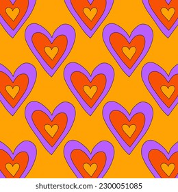 1970 psychedelic seamless pattern. 1970s good vibes hearts ornament. 1960 retro Valentine. Hippie peace and love. Funky and groove card. Trippy art.Hippie wallpaper background poster