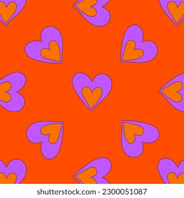 1970 psychedelic seamless pattern. 1970s good vibes hearts ornament. 1960 retro Valentine. Hippie peace and love. Funky and groove card. Trippy art.Hippie wallpaper background poster