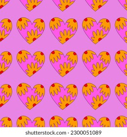 1970 psychedelic seamless pattern. 1970s good vibes hearts ornament. 1960 retro Valentine. Hippie peace and love. Funky and groove card. Trippy art.Hippie wallpaper background poster