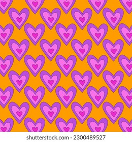 1970 psychedelic seamless pattern. 1970s good vibes hearts ornament. 1960 retro Valentine. Hippie peace and love. Funky and groove card. Trippy art.Hippie wallpaper background poster