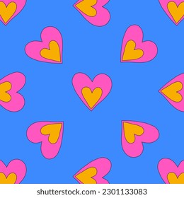 1970 psychedelic seamless pattern. 1970s good vibes hearts ornament. 1960 retro Valentine. Hippie peace and love. Funky and groove card. Trippy art.Hippie wallpaper background poster