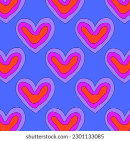 1970 psychedelic seamless pattern. 1970s good vibes hearts ornament. 1960 retro Valentine. Hippie peace and love. Funky and groove card. Trippy art.Hippie wallpaper background poster