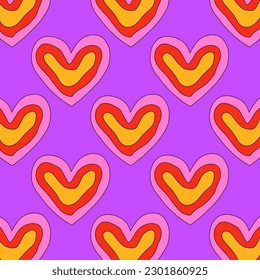 1970 psychedelic seamless pattern. 1970s good vibes hearts ornament. 1960 retro Valentine. Hippie peace and love. Funky and groove card. Trippy art.Hippie wallpaper background poster