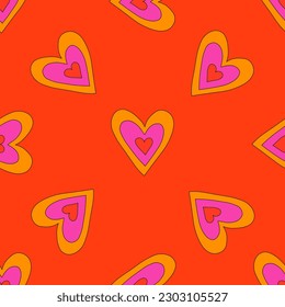 1970 psychedelic seamless pattern. 1970s good vibes hearts ornament. 1960 retro Valentine. Hippie peace and love. Funky and groove card. Trippy art.Hippie wallpaper background poster