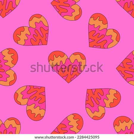 1970 psychedelic seamless pattern. 1970s good vibes hearts ornament. 1960 retro Valentine. Hippie peace and love. Funky and groove card. Trippy art.Hippie wallpaper background poster