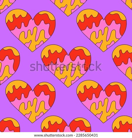 1970 psychedelic seamless pattern. 1970s good vibes hearts ornament. 1960 retro Valentine. Hippie peace and love. Funky and groove card. Trippy art.Hippie wallpaper background poster