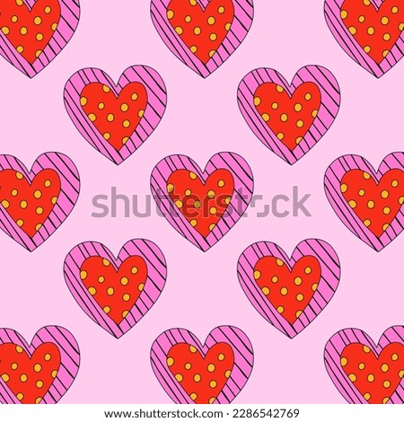 1970 psychedelic seamless pattern. 1970s good vibes hearts ornament. 1960 retro Valentine. Hippie peace and love. Funky and groove card. Trippy art.Hippie wallpaper background poster