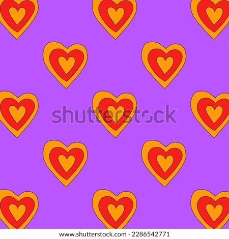 1970 psychedelic seamless pattern. 1970s good vibes hearts ornament. 1960 retro Valentine. Hippie peace and love. Funky and groove card. Trippy art.Hippie wallpaper background poster