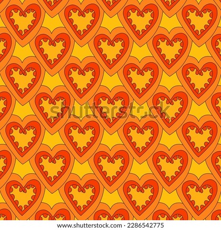1970 psychedelic seamless pattern. 1970s good vibes hearts ornament. 1960 retro Valentine. Hippie peace and love. Funky and groove card. Trippy art.Hippie wallpaper background poster