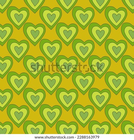 1970 psychedelic seamless pattern. 1970s good vibes hearts ornament. 1960 retro Valentine. Hippie peace and love. Funky and groove card. Trippy art.Hippie wallpaper background poster