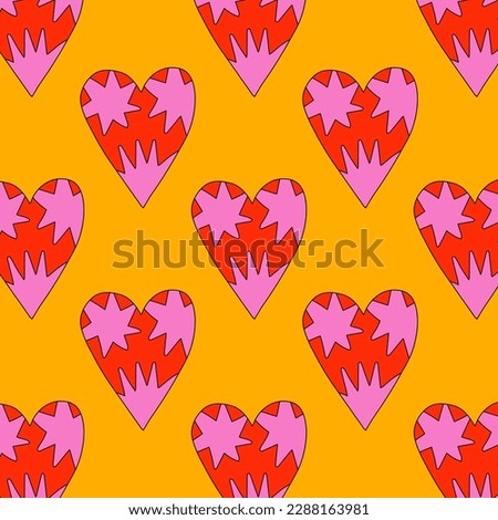 1970 psychedelic seamless pattern. 1970s good vibes hearts ornament. 1960 retro Valentine. Hippie peace and love. Funky and groove card. Trippy art.Hippie wallpaper background poster