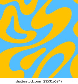 1970 psychedelic trippy y2k seamless pattern with groovy wave. Modern naive Retro 70s trendy background. Minimalist nursery neon print of psychedelic Yellow curvy shapes on blue backdrop