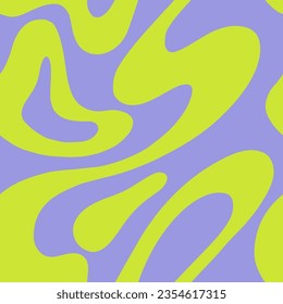 1970 psychedelic trippy y2k seamless pattern with groovy wave. Modern naive Retro 70s trendy background. Minimalist nursery neon print of psychedelic green curvy shapes on lavender backdrop.