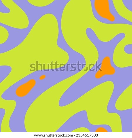 1970 psychedelic trippy y2k seamless pattern with groovy wave. Modern naive Retro 70s trendy background. Minimalist nursery neon print of psychedelic green curvy shapes on lavender backdrop.
