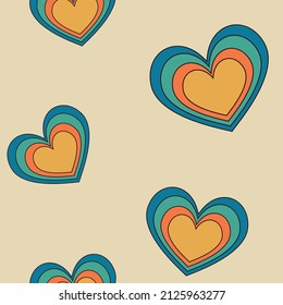 1970 Rainbow Heart Retro Seamless Pattern on Beige Background. Hand-Drawn Vector Illustration. Seventies Style, Groovy Background, Wallpaper, Print. Flat Design, Hippie Aesthetic.