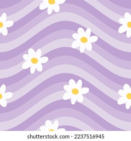1970 Retro Daisy Seamless Pattern on Lavender Wavy Lines Background. Hippie Aesthetic. Hand-Drawn Vector Illustration, Flat Design. Kids Graphic Cover, Sticker, Wallpaper. 