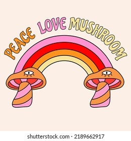 1970 retro, doodle, psychedelic illustrations. Rainbow with mushrooms. Peace, love, mushroom. 70s groovy stickers.