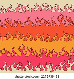 1970 Retro Fire Pattern. Vintage Flames in Orange, Pink, Yellow and Beige Colors. Vector Hippie Aesthetic. Flat Design. Trendy Graphic Cover, T-shirt, Sticker, Wallpaper, Social media Background. 