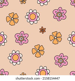 1970 Retro flower seamless pattern. Hippie groovy backgrounds. Hand-drawn vector Illustration
