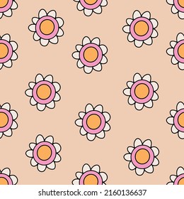 1970 Retro flower seamless pattern. Hippie groovy backgrounds. Hand-drawn vector Illustration