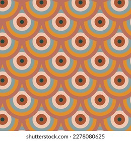 1970 Retro Nahtlose Muster in Orange, Rosa, Gelb und Blau. Vektorgrafik. 70er-Jahre-Stil, grauer Hintergrund, Tapete. Flaches Design, Hippie-Ästhetik. Schau mal wie eine Brust
