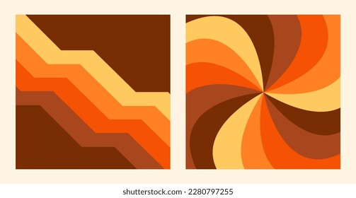1970 retro seamless pattern set in orange, yellow and brown colors. 70s hand-Drawn vector Illustration groovy background, hippie wallpaper.