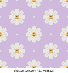 1970 Retro Smile Chamomile Seamless Pattern on Lavender Dot Background. Hippie Aesthetic. Hand-Drawn Vector Illustration, Flat Design. Kids Graphic Cover or Sticker.