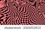 1970 retro trippy wave checkered pattern. Groovy geometric distorted swirl chess grid. Illusion hypnotic retro poster. Optical deformed vector background. Retro colorful wallpaper.