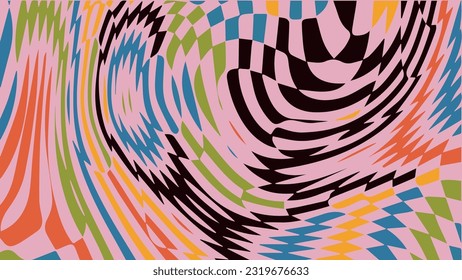 1970 retro trippy wave checkered pattern. Groovy geometric distorted swirl chess grid. Illusion hypnotic retro poster. Optical deformed vector background. Retro colorful wallpaper.