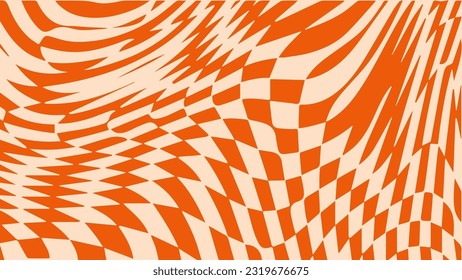 1970 retro trippy wave checkered pattern. Groovy geometric distorted swirl chess grid. Illusion hypnotic retro poster. Optical deformed vector background. Retro colorful wallpaper.