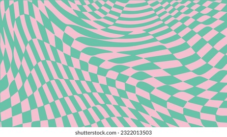 1970 retro trippy wave checkered pattern. Groovy geometric distorted swirl chess grid. Illusion hypnotic retro poster. Optical deformed vector background. Retro colorful wallpaper.