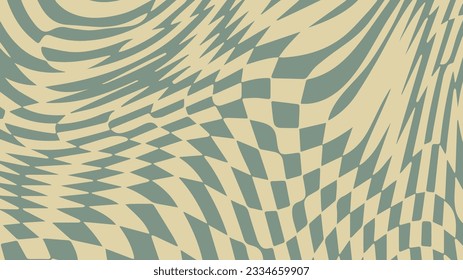 1970 retro trippy wave checkered pattern. Groovy geometric distorted swirl chess grid. Illusion hypnotic retro poster. Optical deformed vector background. Retro colorful wallpaper.