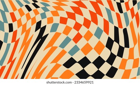 1970 retro trippy wave checkered pattern. Groovy geometric distorted swirl chess grid. Illusion hypnotic retro poster. Optical deformed vector background. Retro colorful wallpaper.