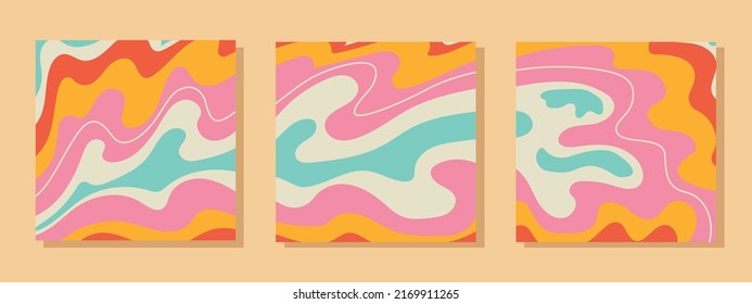 1970 Retro triptych Trippy Wavy Swirl Pattern. Set of three posters. Seventies Style. Abstract Background with Pastel Rainbow Colors and Groovy Geometric. Hippie Aesthetic. Vector Illustration  