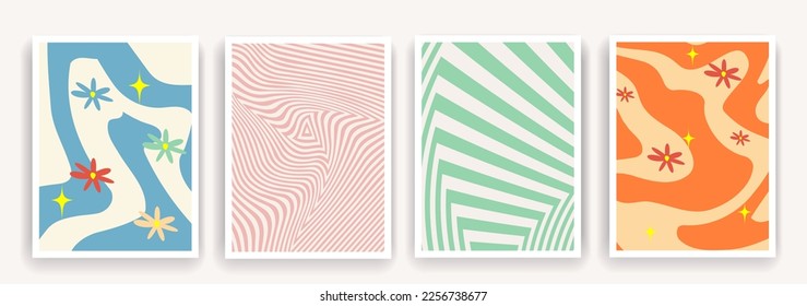 1970 Retro Twirl Line Strips in Blue, Green, Pink, Orange Colors. Groovy Background with Daisy Flowers or Banner, Poster, Cover, Brochure, Flyer. Vertical Hippie Texture in Vector illustration.