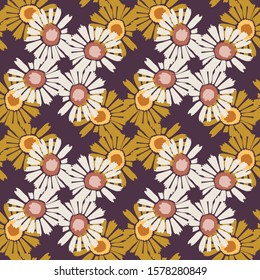 Fondo del Motif Retro Daisy Wildflower 1970. Patrón Ingenuo De Flor Margerita. Blanco sobre Brown. Hojas Delicadas, Tejidos Dibujados A Mano. Audaz Ilustración De Repetición De Vintage De Verano. Vector EPS 1