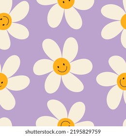 1970 seamless naive pattern with a daisy with a smile. Hippie aesthetics. Retro floral lavender background. Hand-drawn vector illustration. Flat Design. Style of the 60s, 70s, 80s.