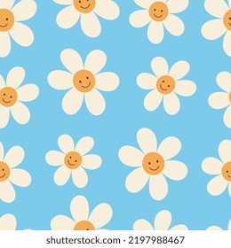 1970 nahtloses naives Muster mit einem Lächeln. Hippie-Ästhetik. Retro floraler Lavendelhintergrund. Handgezeichnete Vektorgrafik. Flaches Design. Kindergartendruck