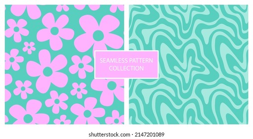 1970 seamless retro pattern with trippy wave and daisy flowers. Groovy vintage hand-drawn vector background. Hippie aesthetic wallpaper. - Shutterstock ID 2147201089
