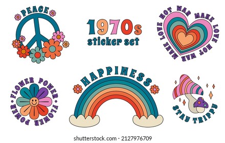 1970 Slogan Stikers Set: Peace Sign, Rainbow, Daisy, Heart, Psychedelic Mushroom In Rainbow Colors. Retro Style, Crazy, Groovy, Hippie Aesthetics. Kids Graphic T-shirt, Cover, Sticker.