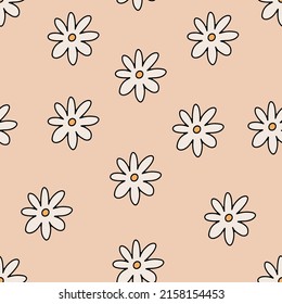 1970 Smile chamomile seamless pattern. Hippie groovy backgrounds. Hand-drawn vector Illustration